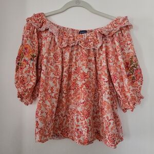 Democracy Women's Medium Floral Blouse Ruffle Embroidered Top Cotton Boho Hippie